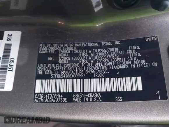 2008 Toyota Tundra with VIN 5TFRU54168X009557, listed as a IAAI auction lot 43444661 with 225,936 mi miles and . Bid and sale history available at DreamBid. Image 9.