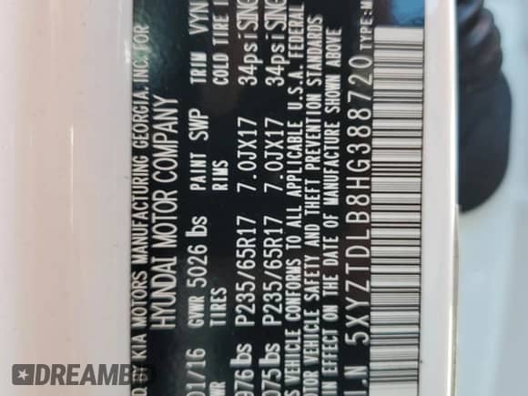 2017 Hyundai Santa Fe 2.4L with VIN 5XYZTDLB8HG388720, listed as a Copart auction lot 68687974 with 84,345 mi miles and Salvage title. Bid and sale history available at DreamBid. Image 13.