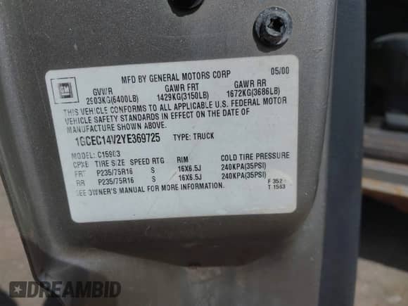 2000 Chevrolet Silverado 1500 with VIN 1GCEC14V2YE369725, listed as a IAAI auction lot 42088751 with 390,344 mi miles and . Bid and sale history available at DreamBid. Image 9.