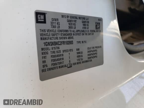 2015 Chevrolet Tahoe LT with VIN 1GNSKBKC2FR182883, listed as a Copart auction lot 70604715 with Not provided miles and Salvage title. Bid and sale history available at DreamBid. Image 13.