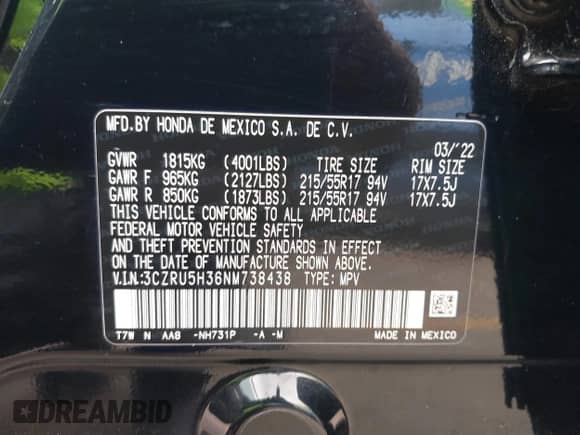 2022 Honda HR-V LX with VIN 3CZRU5H36NM738438, listed as a IAAI auction lot 42193241 with 30,675 mi miles and . Bid and sale history available at DreamBid. Image 9.