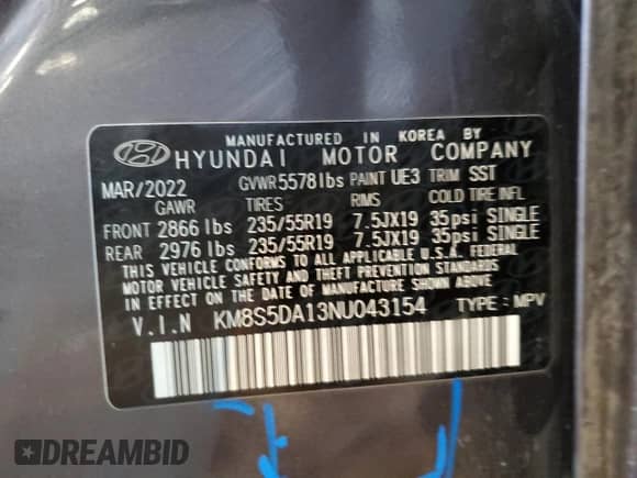2022 Hyundai Santa Fe Limited with VIN KM8S5DA13NU043154, listed as a Copart auction lot 61032605 with 70,549 mi miles and Salvage title. Bid and sale history available at DreamBid. Image 14.