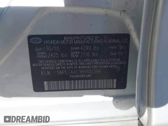 2011 Hyundai Sonata SE z VIN 5NPEC4AC3BH102394, wystawiony jako IAAI lot #43439361 z przebiegiem 174 717 mil mil oraz . Historia ofert i sprzedaży dostępna na DreamBid. Obrazek 9.