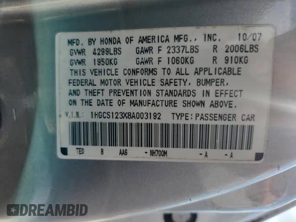 2008 Honda Accord LX-S with VIN 1HGCS123X8A003192, listed as a Copart auction lot 63385695 with 114,077 mi miles and Salvage title. Bid and sale history available at DreamBid. Image 13.