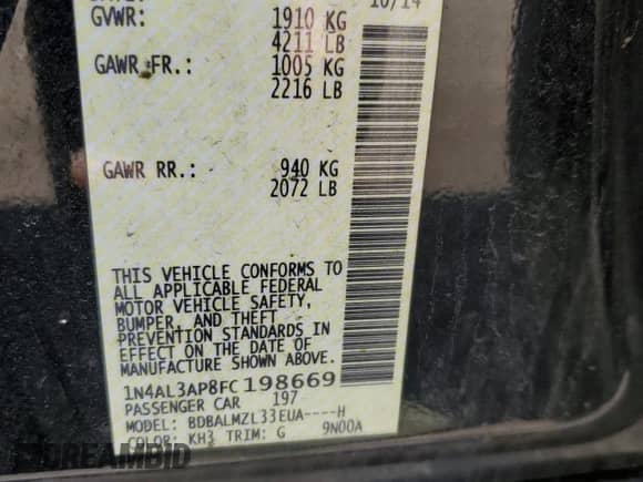 2015 Nissan Altima SV z VIN 1N4AL3AP8FC198669, wystawiony jako Copart lot #51157835 z przebiegiem 168 841 mil mil oraz Szkoda całkowita • Salvage title. Historia ofert i sprzedaży dostępna na DreamBid. Obrazek 13.