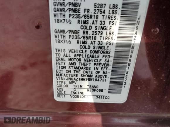 2011 Nissan Murano SL with VIN JN8AZ1MW9BW184731, listed as a Copart auction lot 71829475 with 143,614 mi miles and Salvage title. Bid and sale history available at DreamBid. Image 13.