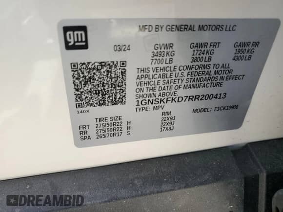 2024 Chevrolet Suburban Premier с VIN 1GNSKFKD7RR200413, выставлен на аукционе Copart как лот 51105795 с пробегом 5 414 миль миль и Списание • Salvage title. История ставок и продаж доступна на DreamBid. Изображение 13.