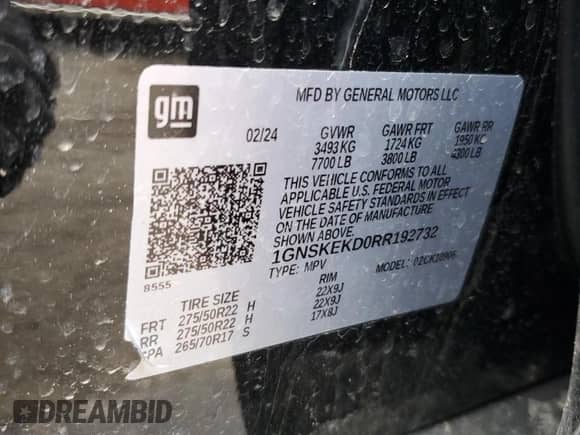 2024 Chevrolet Suburban RST z VIN 1GNSKEKD0RR192732, wystawiony jako Copart lot #45990975 z przebiegiem 50 883 mil mil oraz Szkoda całkowita • Salvage title. Historia ofert i sprzedaży dostępna na DreamBid. Obrazek 15.