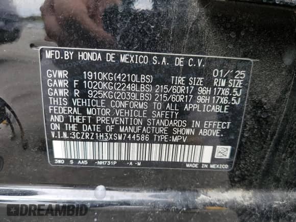 2025 Honda HR-V LX with VIN 3CZRZ1H3XSM744586, listed as a Copart auction lot 81679525 with 18,471 mi miles and Clean title. Bid and sale history available at DreamBid. Image 14.