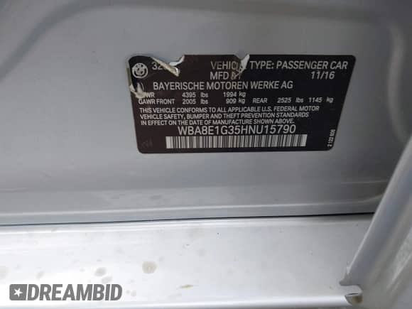 2017 BMW 3 Series 320i with VIN WBA8E1G35HNU15790, listed as a IAAI auction lot 43113021 with 140,536 mi miles and . Bid and sale history available at DreamBid. Image 9.