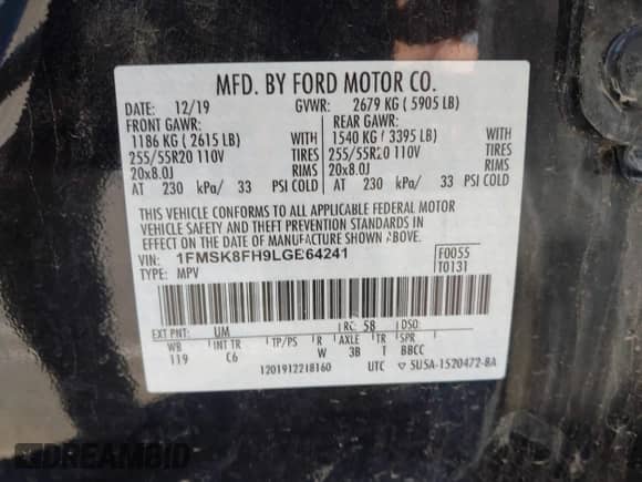 2020 Ford Explorer Limited z VIN 1FMSK8FH9LGB64241, wystawiony jako IAAI lot #43305921 z przebiegiem 62 252 mil mil oraz . Historia ofert i sprzedaży dostępna na DreamBid. Obrazek 9.