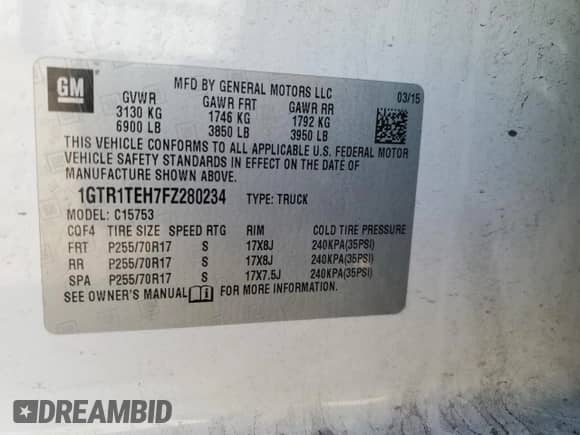 2015 GMC Sierra 1500 with VIN 1GTR1TEH7FZ280234, listed as a Copart auction lot 55133685 with 178,251 mi miles and Salvage title. Bid and sale history available at DreamBid. Image 12.