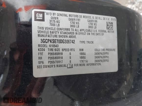 2013 Chevrolet Silverado 1500 LT with VIN 3GCPKSE70DG306742, listed as a IAAI auction lot 43292607 with 196,596 mi miles and . Bid and sale history available at DreamBid. Image 9.