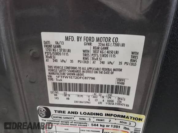 2013 Ford F-150 Lariat with VIN 1FTFW1ET2DFC87796, listed as a Copart auction lot 71112565 with 207,394 mi miles and Salvage title. Bid and sale history available at DreamBid. Image 12.