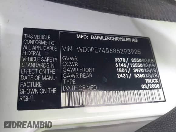 2008 Dodge Sprinter with VIN WD0PE745685293925, listed as a IAAI auction lot 42675185 with Not provided miles and . Bid and sale history available at DreamBid. Image 9.