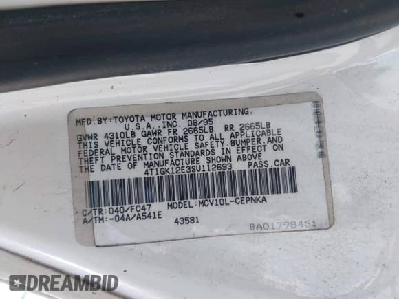 1995 Toyota Camry LE z VIN 4T1GK12E3SU112693, wystawiony jako IAAI lot #42207391 z przebiegiem 190 527 mil mil oraz . Historia ofert i sprzedaży dostępna na DreamBid. Obrazek 9.