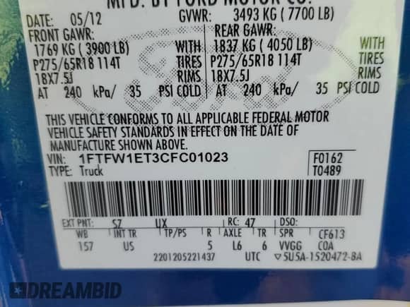 2012 Ford F-150 XL with VIN 1FTFW1ET3CFC01023, listed as a Copart auction lot 65248225 with 119,656 mi miles and Salvage title. Bid and sale history available at DreamBid. Image 12.