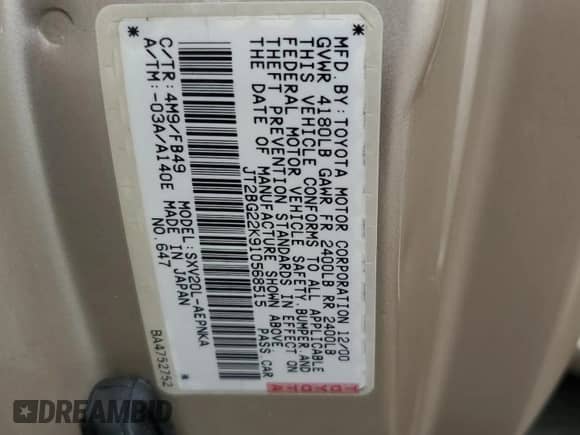 2001 Toyota Camry LE z VIN JT2BG22K910568515, wystawiony jako Copart lot #81886215 z przebiegiem 149 747 mil mil oraz Szkoda całkowita • Salvage title. Historia ofert i sprzedaży dostępna na DreamBid. Obrazek 12.