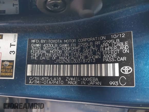 2013 Toyota Prius Two with VIN JTDZN3EU3D3187213, listed as a IAAI auction lot 43493171 with 222,564 mi miles and . Bid and sale history available at DreamBid. Image 9.