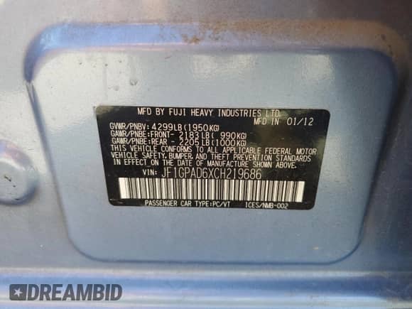 2012 Subaru Impreza Premium with VIN JF1GPAD6XCH219686, listed as a Copart auction lot 85149115 with 111,105 mi miles and Salvage title. Bid and sale history available at DreamBid. Image 12.