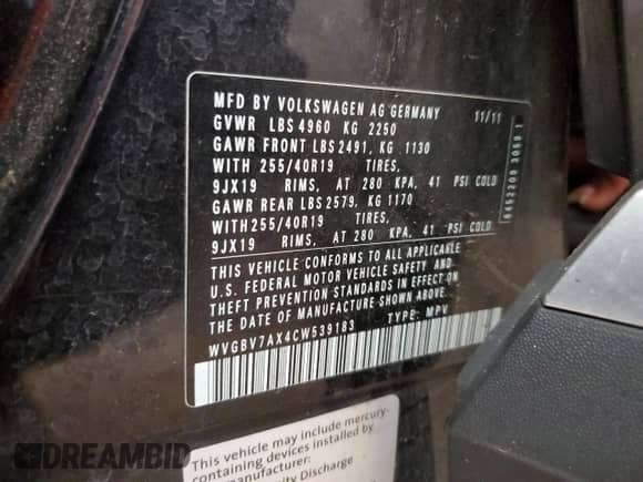 2012 Volkswagen Tiguan S с VIN WVGBV7AX4CW539183, выставлен на аукционе Copart как лот 81755775 с пробегом 161 796 миль миль и Списание • Salvage title. История ставок и продаж доступна на DreamBid. Изображение 13.