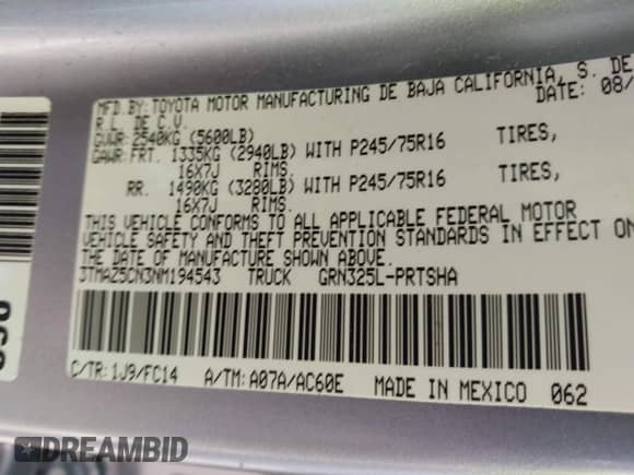 2022 Toyota Tacoma SR5 with VIN 3TMAZ5CN3NM194543, listed as a IAAI auction lot 43031222 with 21,800 mi miles and . Bid and sale history available at DreamBid. Image 9.