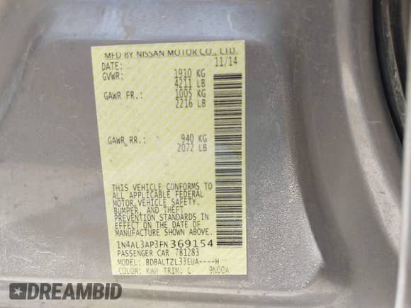 2015 Nissan Altima SL with VIN 1N4AL3AP3FN369154, listed as a IAAI auction lot 42849723 with 86,008 mi miles and . Bid and sale history available at DreamBid. Image 9.