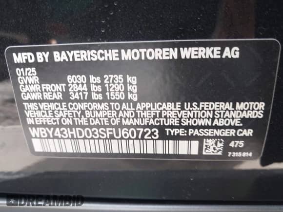 2025 BMW i4 xDrive40 with VIN WBY43HD03SFU60723, listed as a IAAI auction lot 41934522 with 361 mi miles and . Bid and sale history available at DreamBid. Image 9.