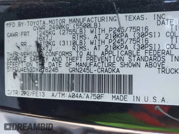 2013 Toyota Tacoma с VIN 5TFUU4EN3DX076245, выставлен на аукционе IAAI как лот 43544002 с пробегом 222 473 миль миль и . История ставок и продаж доступна на DreamBid. Изображение 9.