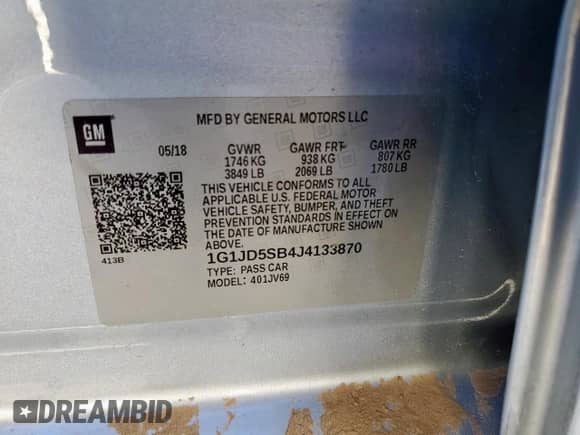 2018 Chevrolet Sonic LT with VIN 1G1JD5SB4J4133870, listed as a Copart auction lot 81517855 with 76,327 mi miles and Salvage title. Bid and sale history available at DreamBid. Image 13.