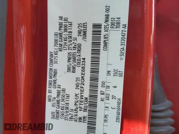 2016 Ford F-150 XLT z VIN 1FTEW1EF2GKE68334, wystawiony jako Copart lot #81335265 z przebiegiem 53 895 mil mil oraz Szkoda całkowita • Salvage title. Historia ofert i sprzedaży dostępna na DreamBid. Obrazek 13.