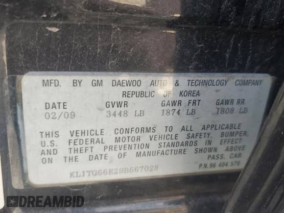 2009 Chevrolet Aveo 2LT with VIN KL1TG66E29B667028, listed as a Copart auction lot 81847665 with Not provided miles and Salvage title. Bid and sale history available at DreamBid. Image 12.