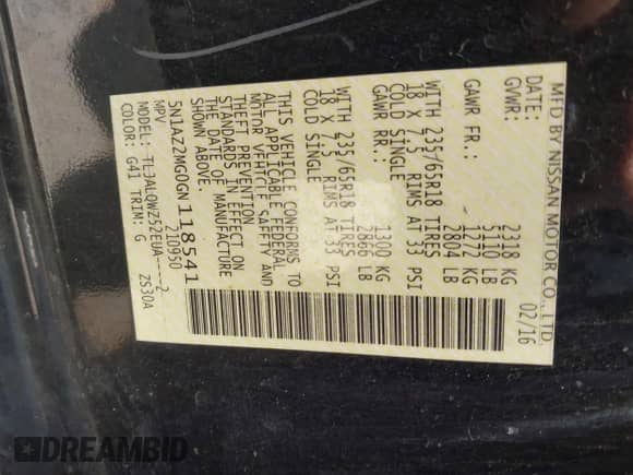 2016 Nissan Murano S with VIN 5N1AZ2MG0GN118541, listed as a IAAI auction lot 42553397 with 134,693 mi miles and . Bid and sale history available at DreamBid. Image 9.