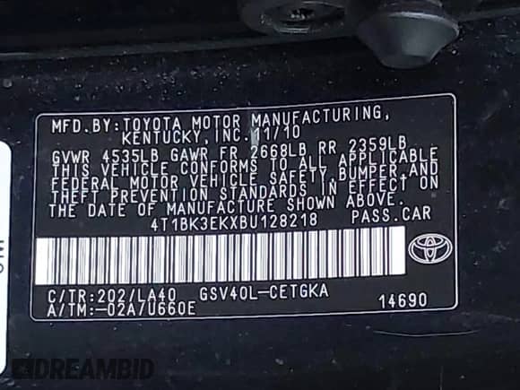 2011 Toyota Camry XLE with VIN 4T1BK3EKXBU128218, listed as a IAAI auction lot 43292489 with 119,819 mi miles and . Bid and sale history available at DreamBid. Image 9.