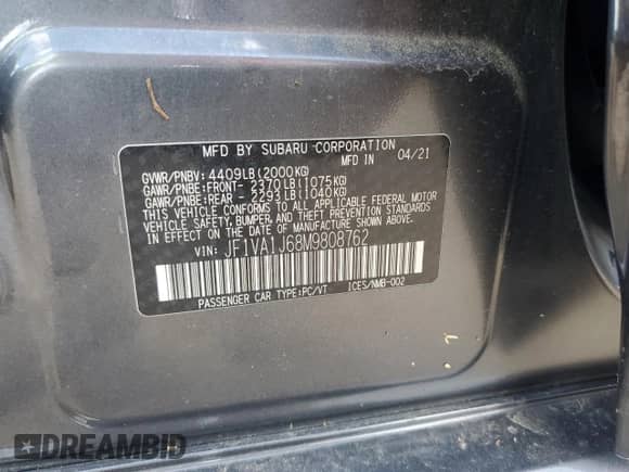 2021 Subaru WRX Limited с VIN JF1VA1J68M9808762, выставлен на аукционе Copart как лот 54837995 с пробегом 47 055 миль миль и Списание • Salvage title. История ставок и продаж доступна на DreamBid. Изображение 13.