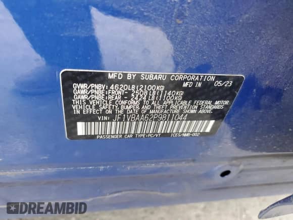 2023 Subaru WRX with VIN JF1VBAA62P9811044, listed as a Copart auction lot 84269925 with 15,849 mi miles and Clean title. Bid and sale history available at DreamBid. Image 12.