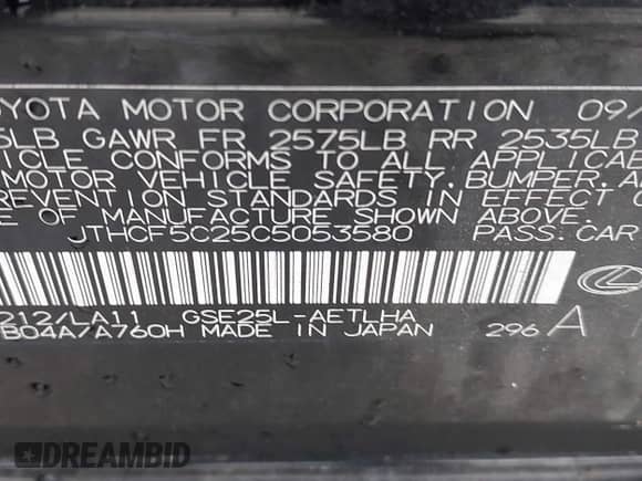 2012 Lexus IS 250 z VIN JTHCF5C25C5053580, wystawiony jako IAAI lot #42982704 z przebiegiem Nie podano mil oraz . Historia ofert i sprzedaży dostępna na DreamBid. Obrazek 9.