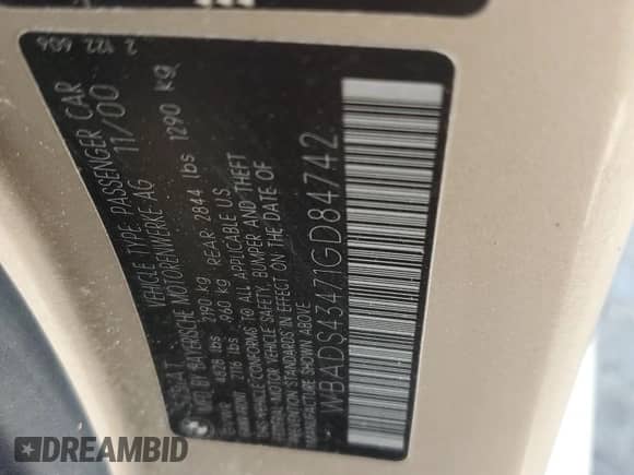 2001 BMW 5 Series 525i с VIN WBADS43471GD84742, выставлен на аукционе Copart как лот 57748105 с пробегом 141 774 миль миль и Списание • Salvage title. История ставок и продаж доступна на DreamBid. Изображение 12.