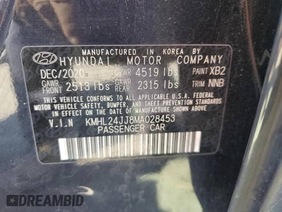 2021 Hyundai Sonata Blue с VIN KMHL24JJ8MA028453, выставлен на аукционе Copart как лот 66173695 с пробегом 60 121 миль миль и Списание • Salvage title. История ставок и продаж доступна на DreamBid. Изображение 13.