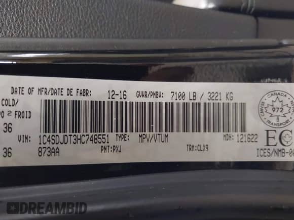 2017 Dodge Durango Crew with VIN 1C4SDJDT3HC748551, listed as a IAAI auction lot 41656352 with 112,758 mi miles and . Bid and sale history available at DreamBid. Image 9.