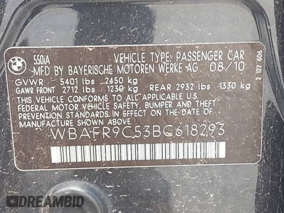 2011 BMW 5 Series 550i с VIN WBAFR9C53BC618293, выставлен на аукционе IAAI как лот 42977079 с пробегом 141 268 миль миль и . История ставок и продаж доступна на DreamBid. Изображение 9.