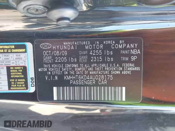 2010 Hyundai Genesis Coupe Track with VIN KMHHT6KD4AU028175, listed as a IAAI auction lot 43385753 with 156,027 mi miles and . Bid and sale history available at DreamBid. Image 9.