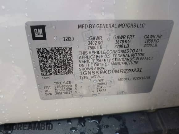 2021 Chevrolet Tahoe Z71 с VIN 1GNSKPKD0MR239231, выставлен на аукционе IAAI как лот 42159687 с пробегом 108 892 миль миль и . История ставок и продаж доступна на DreamBid. Изображение 9.