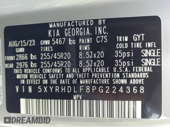 2023 Kia Sorento X-Line EX with VIN 5XYRHDLF8PG224368, listed as a IAAI auction lot 42155820 with 14,466 mi miles and . Bid and sale history available at DreamBid. Image 9.