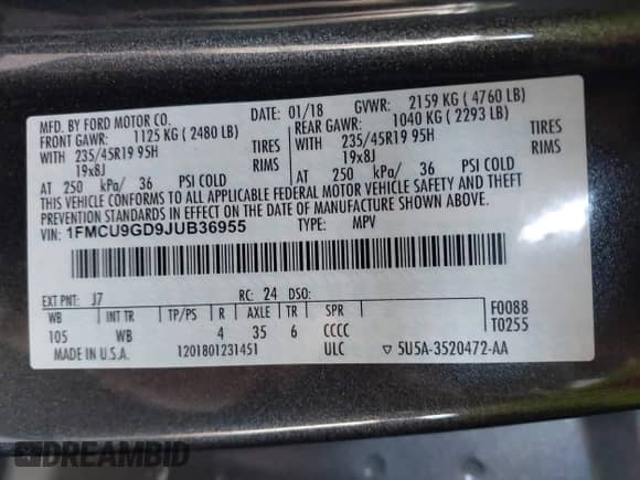 2018 Ford Escape SE with VIN 1FMCU9GD9JUB36955, listed as a IAAI auction lot 43434236 with 134,129 mi miles and . Bid and sale history available at DreamBid. Image 9.