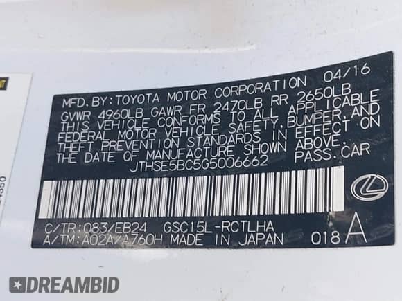 2016 Lexus RC 350 F Sport with VIN JTHSE5BC5G5006662, listed as a IAAI auction lot 41665715 with 51,378 mi miles and . Bid and sale history available at DreamBid. Image 9.