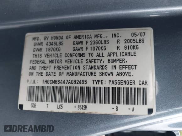 2007 Honda Accord LX SE with VIN 1HGCM66447A082495, listed as a IAAI auction lot 43032868 with 154,940 mi miles and . Bid and sale history available at DreamBid. Image 9.