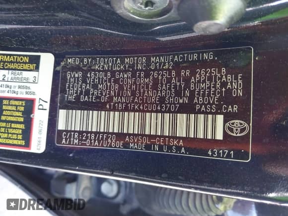 2012 Toyota Camry L z VIN 4T1BF1FK4CU043707, wystawiony jako IAAI lot #43335350 z przebiegiem 137 242 mil mil oraz . Historia ofert i sprzedaży dostępna na DreamBid. Obrazek 9.