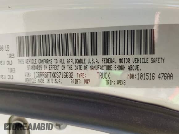 2019 Ram 1500 Tradesman with VIN 1C6RR6FTXKS716632, listed as a IAAI auction lot 42863743 with 49,869 mi miles and . Bid and sale history available at DreamBid. Image 9.