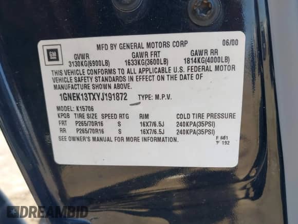 2000 Chevrolet Tahoe LT z VIN 1GNEK13TXYJ191872, wystawiony jako IAAI lot #41860033 z przebiegiem Nie podano mil oraz . Historia ofert i sprzedaży dostępna na DreamBid. Obrazek 9.